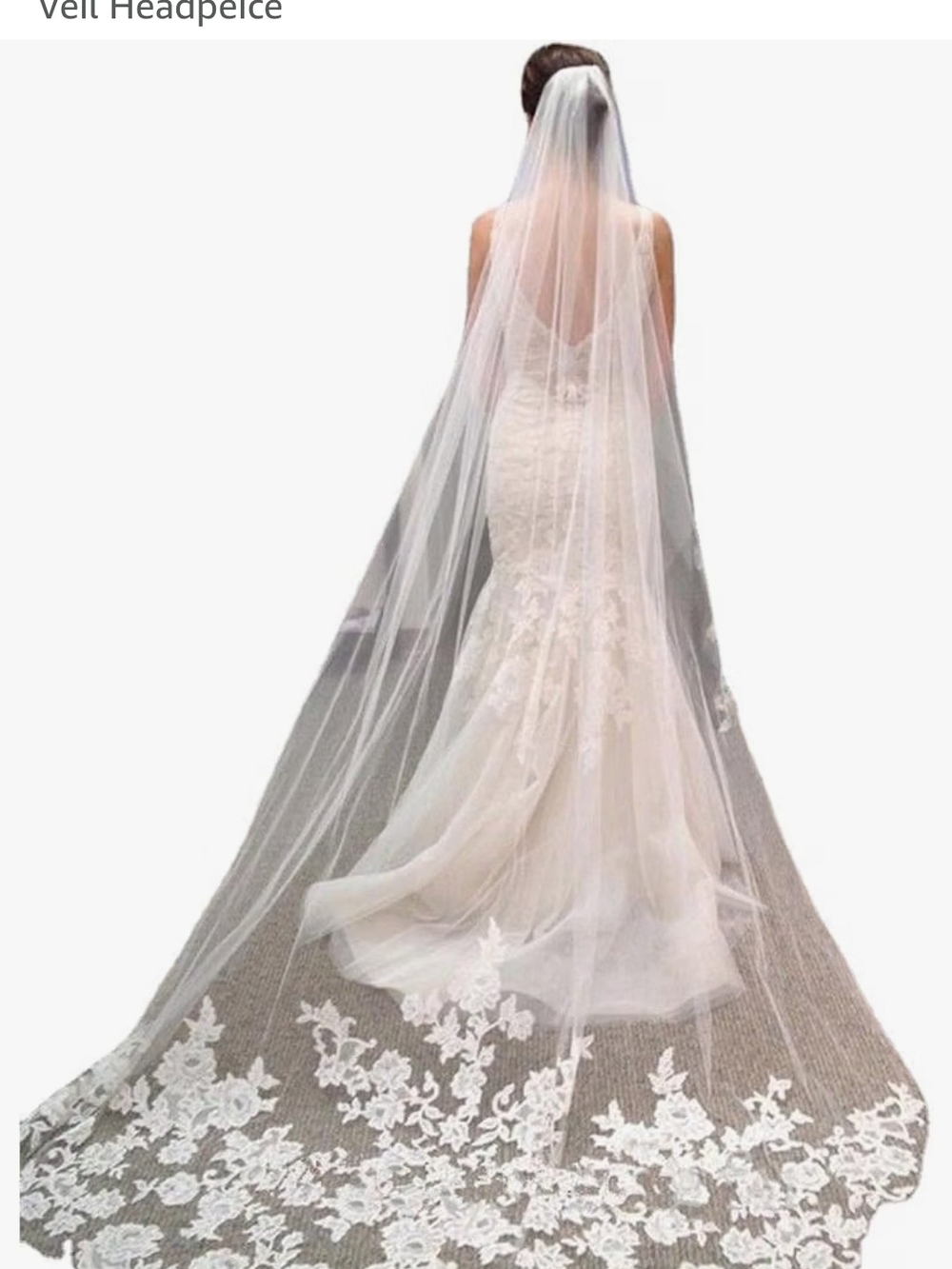 NWT White Cathedral Length Wedding Veil Floral Lace Trim 118" Long with Comb
